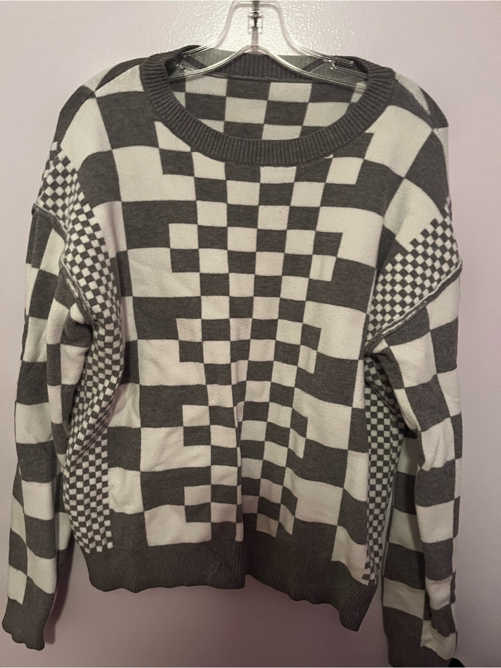 Women's Checkerboard Crewneck Sweater - Gray & White